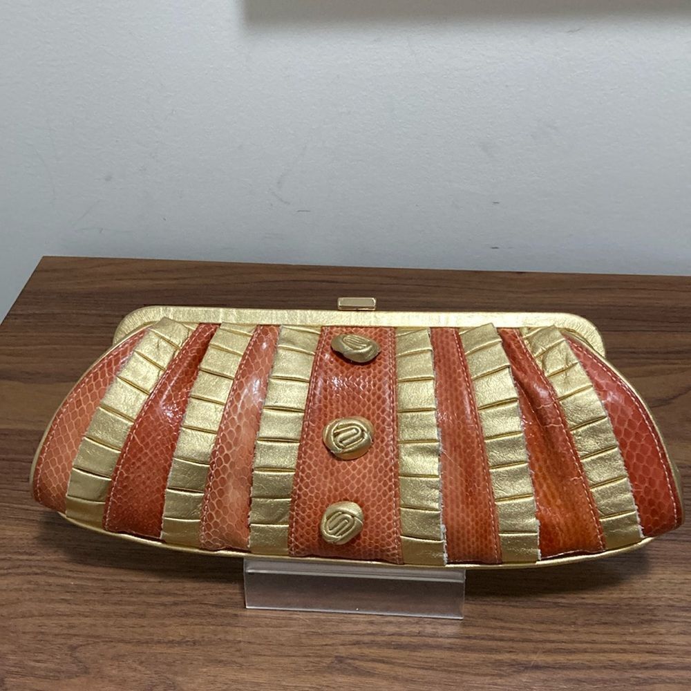 Rafe New York Gold Metallic & Apricot Snakeskin Clutch/Strap.